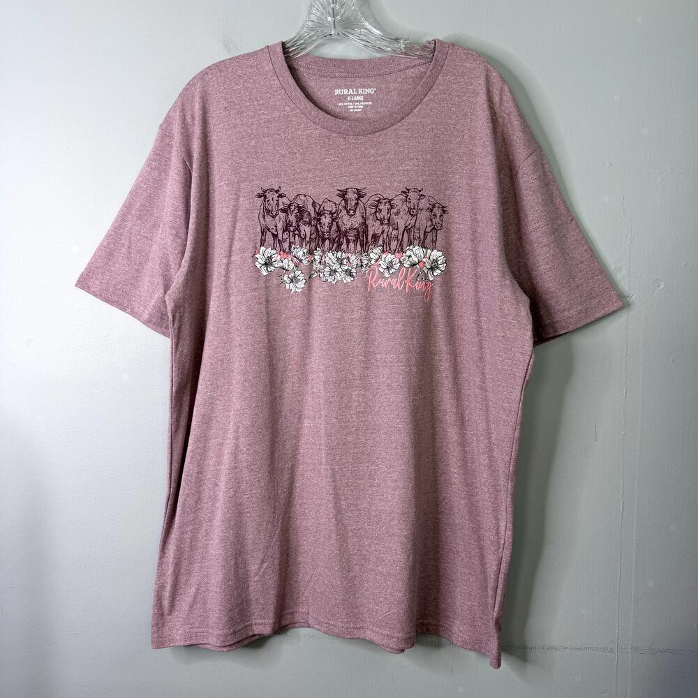 Rural King Seven Cows and Flowers Graphic Tee Heathered Burgundy Women's Size XL